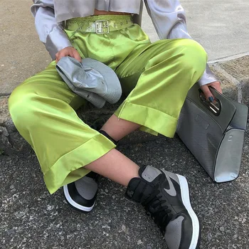 Dotrend Moda Verde Neon Pantaloni Femei Streetwear Pantaloni 2019 New Sosire Pantaloni Vintage Din Bumbac Pantalon Femme