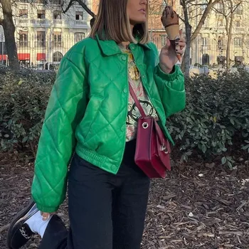 Femei De Iarnă 2022 Moda Verde Faux Din Piele Strat De Bumbac Vintage Buzunar Lateral Mâneci Lungi De Sex Feminin De Îmbrăcăminte Chic Overshirt