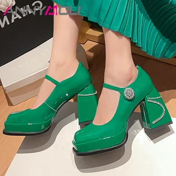ANNYMOLI Femei din Piele Pompe de Înaltă Copita Tocuri Deget de la picior Pătrat Mary Janes Catarama Petrecere de Primavara Toamna Pantofi Negru Alb Verde