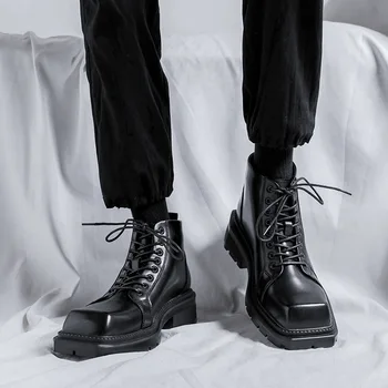 Oameni de moda din piele cizme de designer de brand square toe pantofi punk, hip-hop dress cowboy glezna cizme platforma misto botas de sex masculin