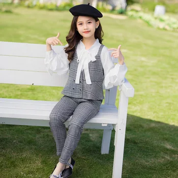 2022 Primăvară Fete coreene Tinutele de Moda Camasi Bluza + Carouri Vesta + Pantaloni 3PCS Îmbrăcăminte pentru Copii Set Elevii Treninguri