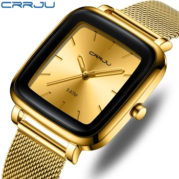 CRRJU de Afaceri de Lux pentru Bărbați Ceasuri de Aur Cuarț Plasă din oțel Inoxidabil Curea Sport Pătrat Ceas de Ceas rezistent la apa Relogio Masculino