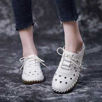 Noua Talpă Moale Gol Singur Pantofi Femei 2022 Vintage Din Piele Tocuri Joase Pantofi Casual Femei În Aer Liber Dantelă-Up Non Alunecare Mocasini