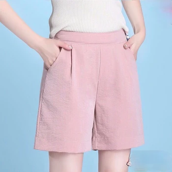 2021 Noi De Vara Femei Elastic Talie Mare Largi Picior Solid Pantaloni Scurți De Moda Coreeană Slim Doamnă Birou Casual Liber Drept Pantaloni Scurți Z134