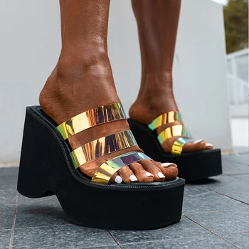Femei Pantofi de Vara Noi Deget de la picior Deschis Paiete Panta Toc Gros cu Talpi Burete Unic Papuci de casă Europene Și Americane de Dimensiuni Mari Sandale