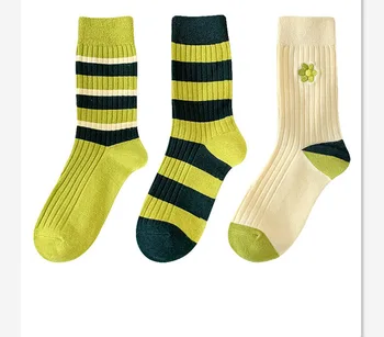 Verde Șosete Copii Tub de Mijloc de Toamnă Și de Iarnă de Bumbac Pur de Potrivire de Culoare Broderie Dungă Ciorapi Șosete Sport