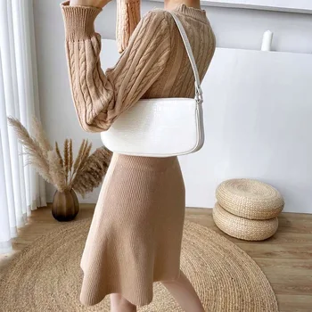 Primăvara Femei Vintage Solid Complet Maneca Rochie Subțire Talie Înaltă, Rochii Tricotate Doamnă Elegant O-Gât Genunchi Lungime Toamna Tinutele D192