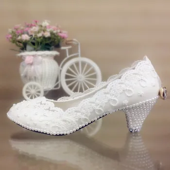 5 cm Toc Floare Alba de Mireasa pantofi Mireasa Doamnelor Rotund Toe pantofi femeie de Moda Rochie de Petrecere pantofi de Femeie Pompe