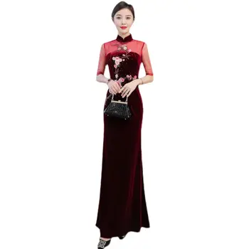 2022 Primavara-Vara Noi Retro Lungă de Catifea Qipao Maxi Cheongsam Moda Slim Broderie îmbracă Femeile Halat Elegant 4XL M2091