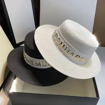 Soarele De Vară Alfabetul Femei Pălării De Fată Pălărie De Paie Cu Panglică Arc Plaja Pălărie De Paie Ocazionale Flat Top Litere Pălărie Panama