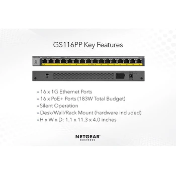 NETGEAR GS116PP 16-Port Gigabit Ethernet de Mare Putere Unmanaged PoE+ Switch cu FlexPoE (183W)