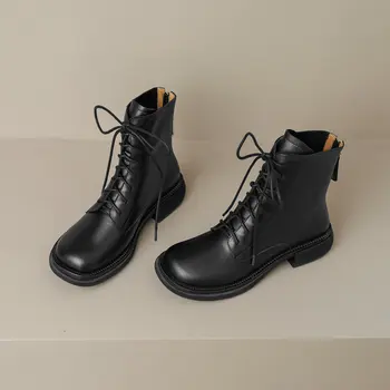 ESVEVA 2023 Echitatie Cizme de Piele de Vacă Glezna Cizme Rotund Toe Nobilimii Britanice Stil Dantela-Up Neutru Punk Pantofi Mărimea 34-43