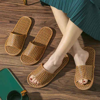 Vara Pereche Papuci de Casa pentru Bărbați și Femei Podea de Lemn de Interior Tăcut Sandale Țesute de Femei Etaj Sandale Pantofi
