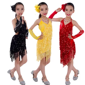 Fete Copii Spumant Sequin Dansuri Latino Rochii Copii Ciucure Fusta De Dans Latino, Costume De 4-12 Ani