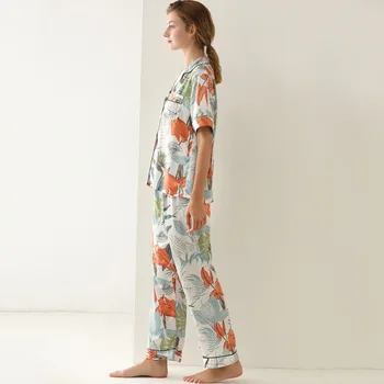 Pijama Satin cu Frunze Imprimate Rece de Vară cu Mânecă Scurtă, Pantaloni Lungi de Pijama Dantela-up Cardigan Somn Topuri V-neck Femei Pijamale