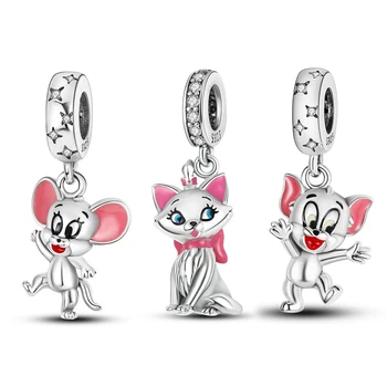 925 de Argint Sterlină se Potrivește Original Pandora Brățară roz Drăguț urechi de pisică și mouse-ul mic Farmec albastru Șirag de mărgele Femeie Moda Bijuterii Cadou
