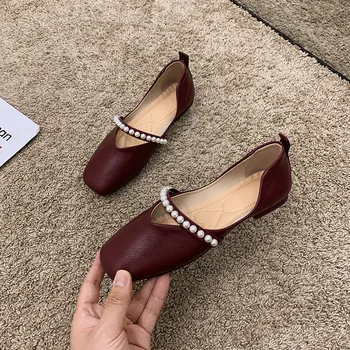 Pantofi pentru femei Pantofi de Piele 2021 Nou Stil de Toamnă Perla Cap Pătrat Superficial Gura Moale Low-Toc Pantofi Mary Jane pentru Femei