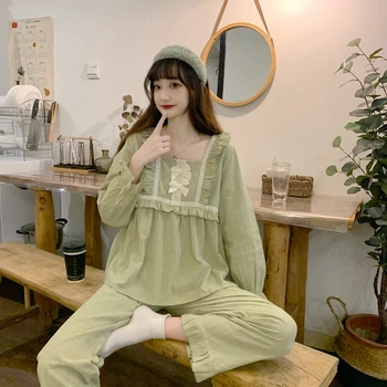 Bowknot Pătrat Guler Set De Pijama Femei, Cu Maneci Lungi Casual Drăguț Kawaii Acasă Costum Liber De Epocă Coreean Acasă Haine De Bumbac Rosu