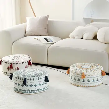 Runda Neocupate Pouf Otoman Acoperi Taburet Acoperi cu Ciucure Pouffe pentru Terasa Dormitor, Living Lounge Decor