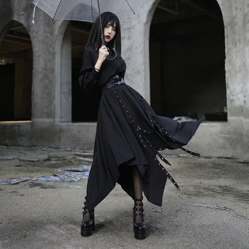 Punk Fuste Femei cu forme Neregulate Fusta Neagra Cu Panglica Jumătate-lungime Fusta Femei de Îmbrăcăminte Casual